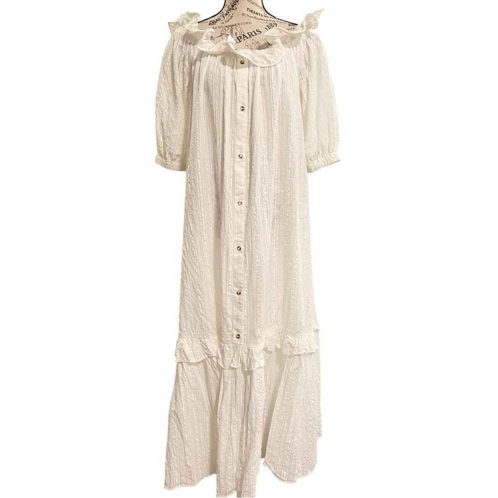 Anthropologie Ruffle Off-The-Shoulder Gauze Dress in White Size Medium - Picture 4 of 14